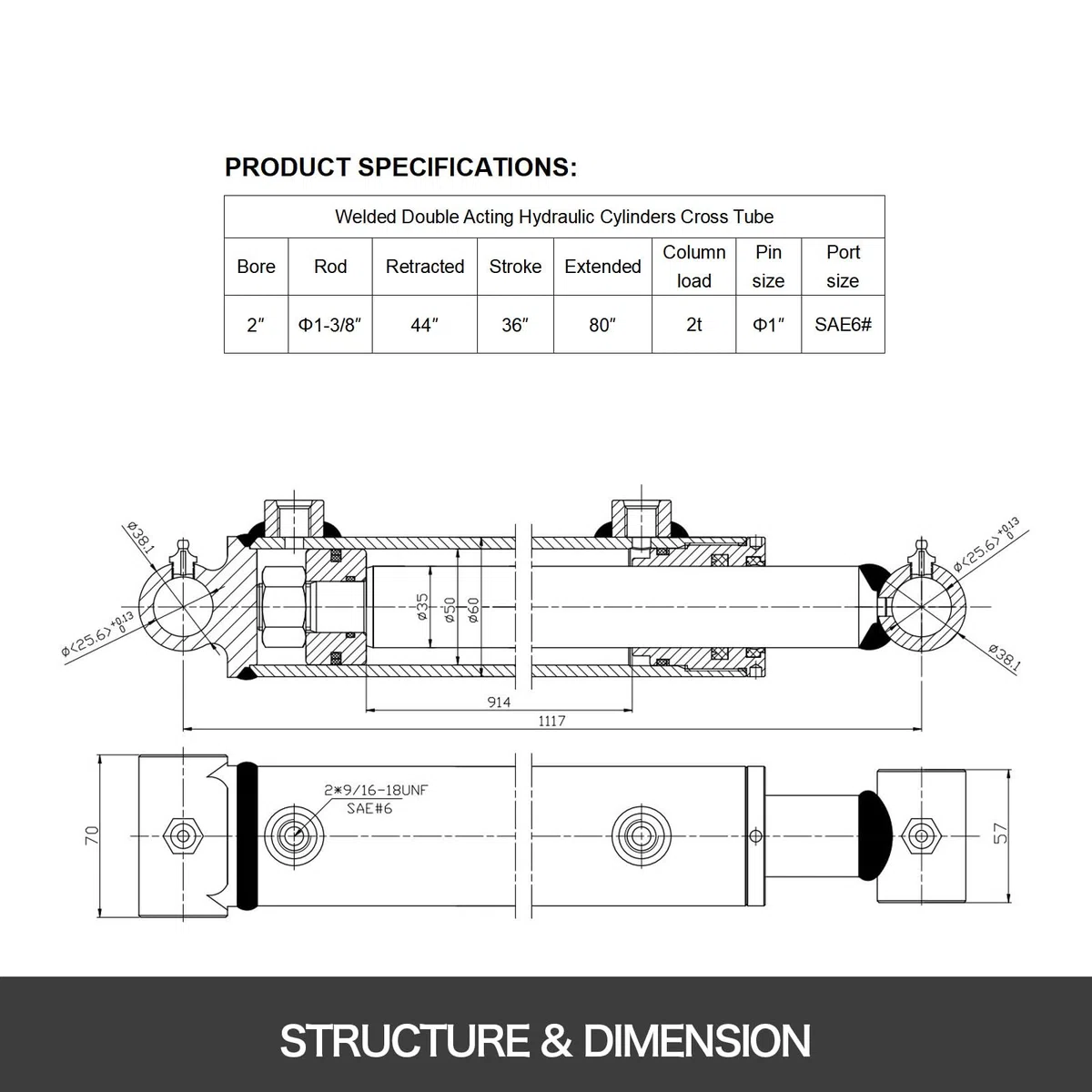 VEVOR Cylindre Hydraulique Alésage 50 mm Course 914 mm, Vérin Hydraulique Soudé 3000 psi,Tube Transversal à Double Effet Port SAE6, Cylindre de Levage Hydraulique