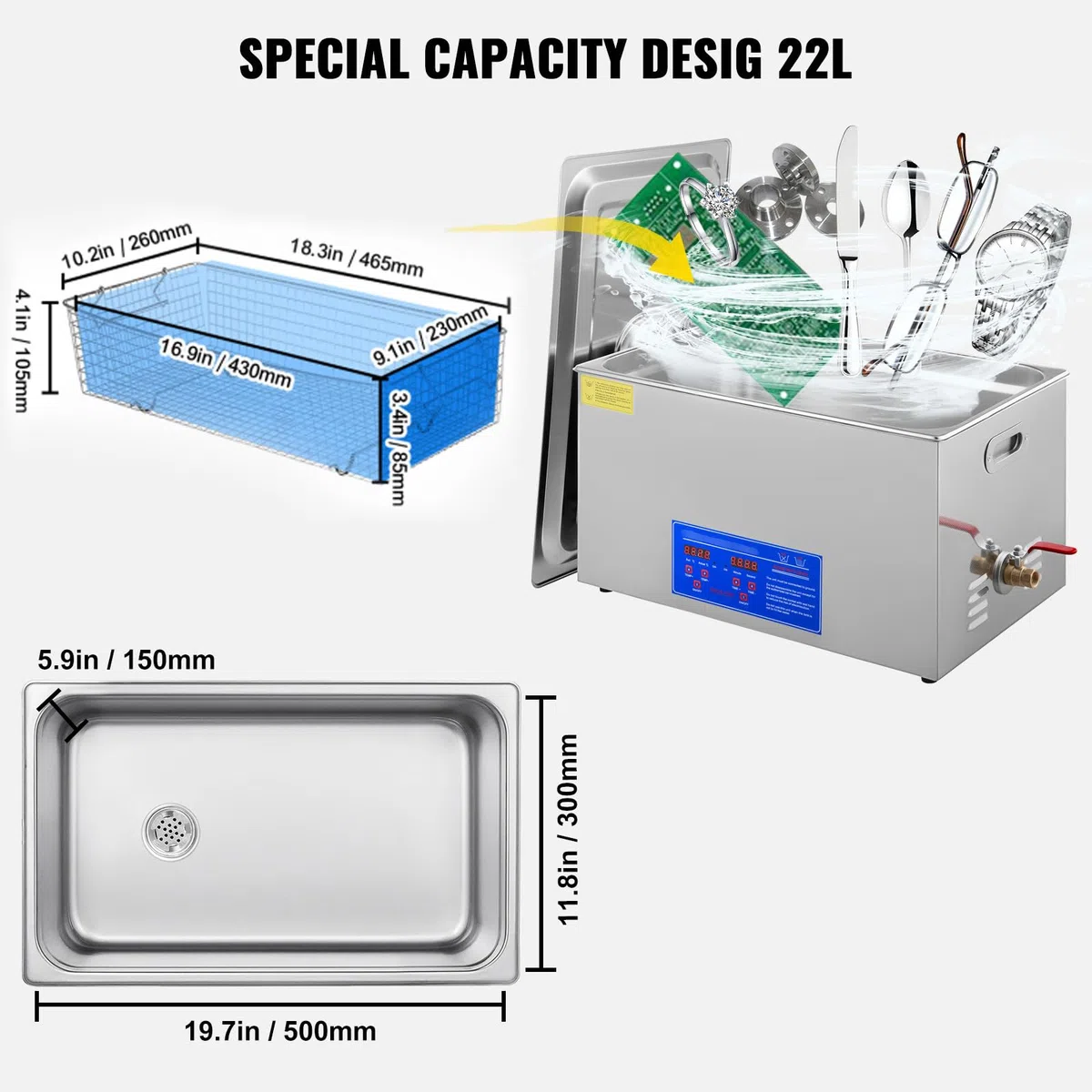 VEVOR Nettoyeur A Ultrasons 22L,Nettoyeur ultrasons 480W 220V,Ultrasonic Cleaner Professionnel à 80 Degrés,Nettoyeur Digital Affichage Ultrasonique pour les bijoux,les lab, les équipements industriels