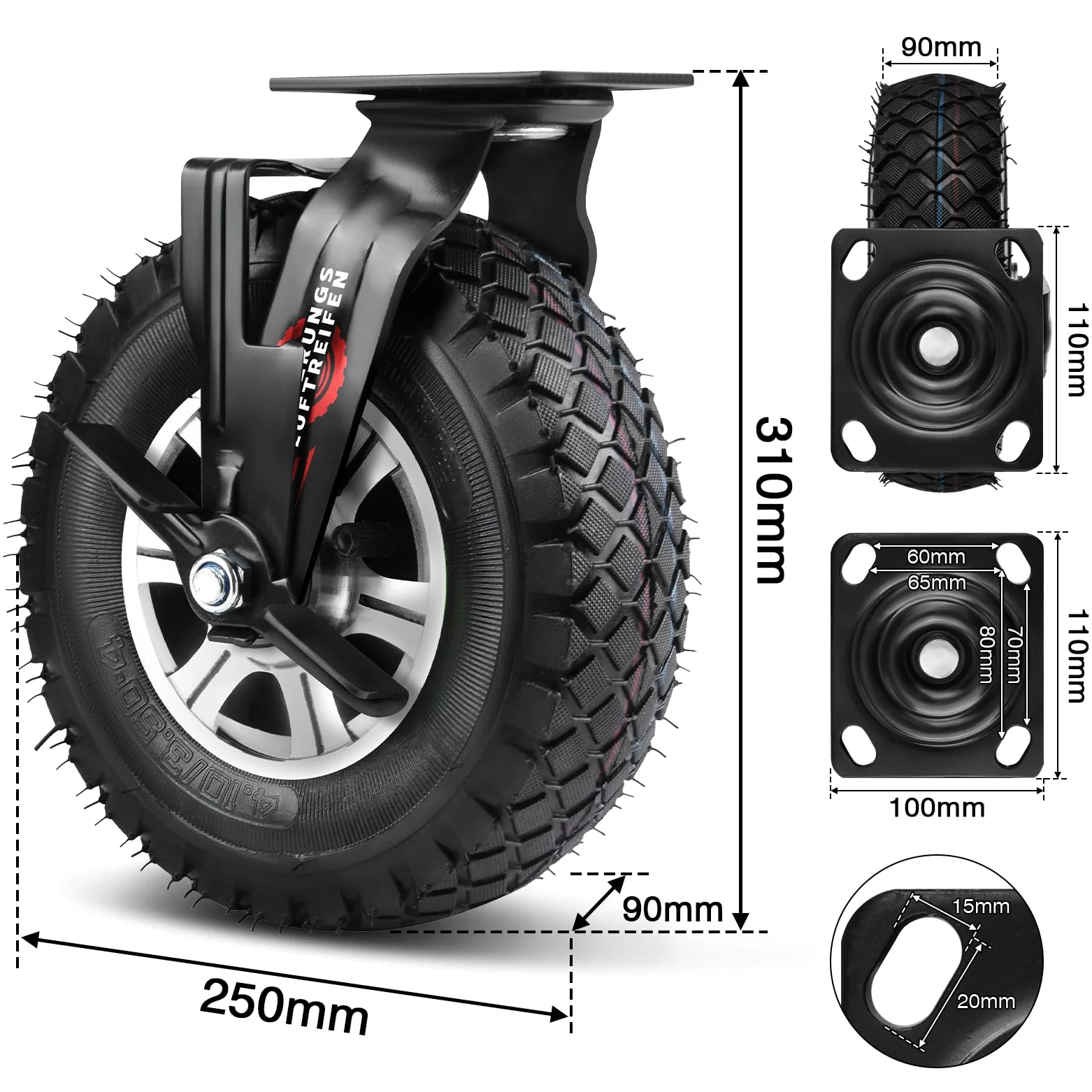 4 pièces de roulettes avec frein Ø 250 x 90 mm, roue pneumatique silencieuse sur roues en alliage d'aluminium avec amortisseur, pour chariot à bras et chariot de transport, capacité de charge 510 kg