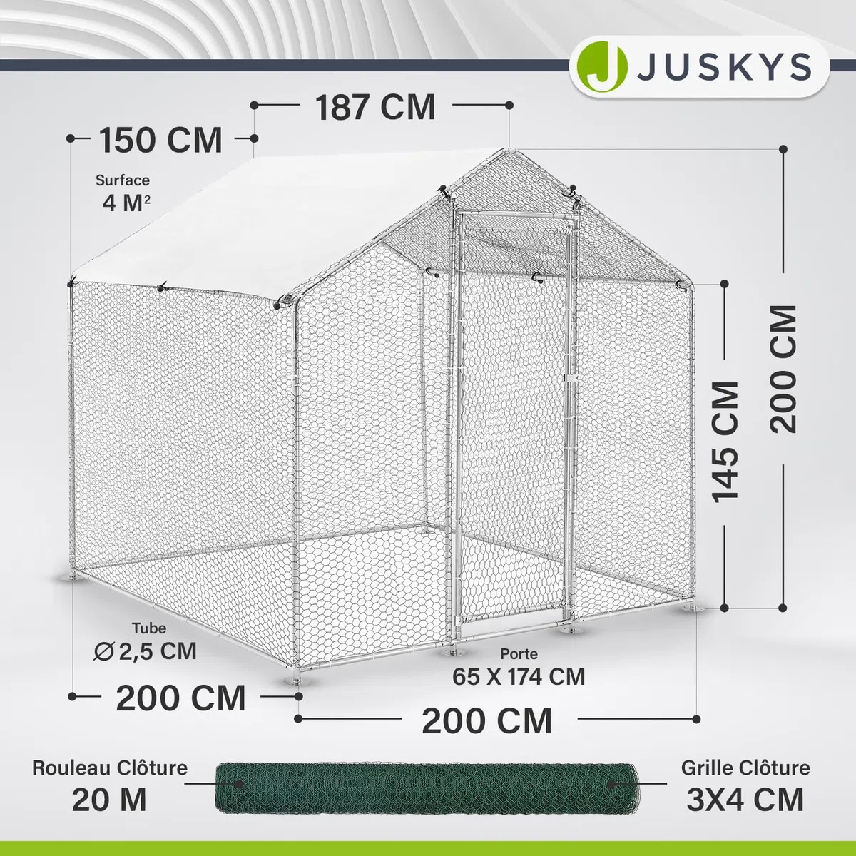 Enclos Juskys 2 x 2 x 2 m — Poulailler en métal Accessible d'une Surface de 4 m² avec Porte et verrou — Enclos pour Poules, Petits Animaux et Plantes