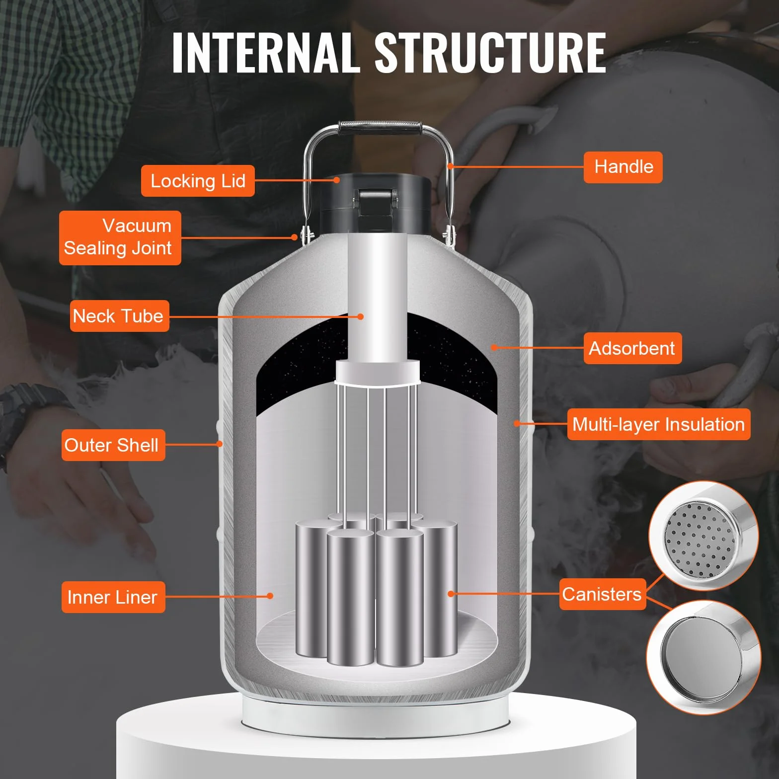 VEVOR Réservoir d'Azote Liquide 10 L, Conteneur d'Azote Liquide en Alu, Dewar de Stockage de LN2, 6 Bidons, avec Sac de Transport et Sangles, Récipient Cryogénique pour l'Industrie de la Beauté