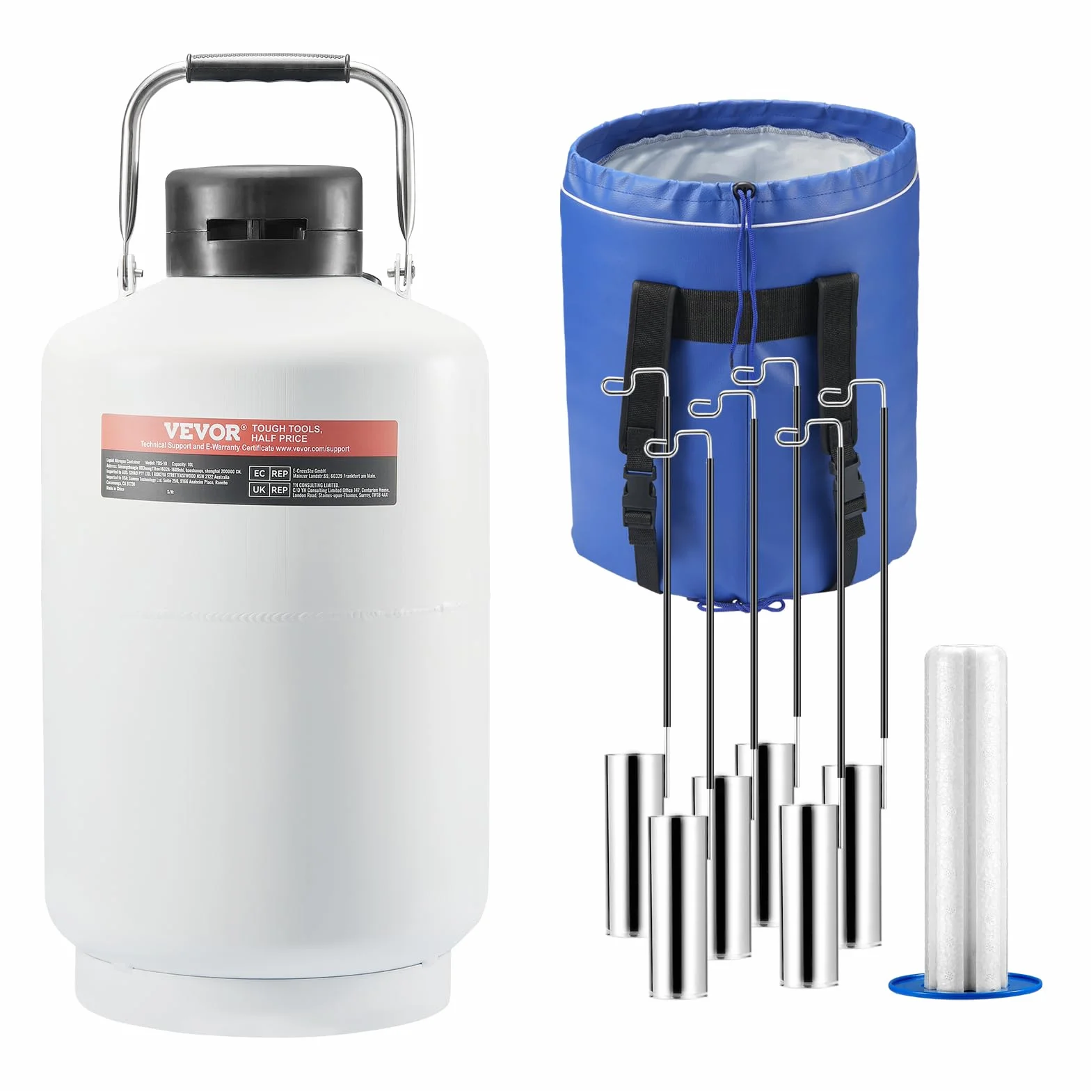 VEVOR Réservoir d'Azote Liquide 10 L, Conteneur d'Azote Liquide en Alu, Dewar de Stockage de LN2, 6 Bidons, avec Sac de Transport et Sangles, Récipient Cryogénique pour l'Industrie de la Beauté
