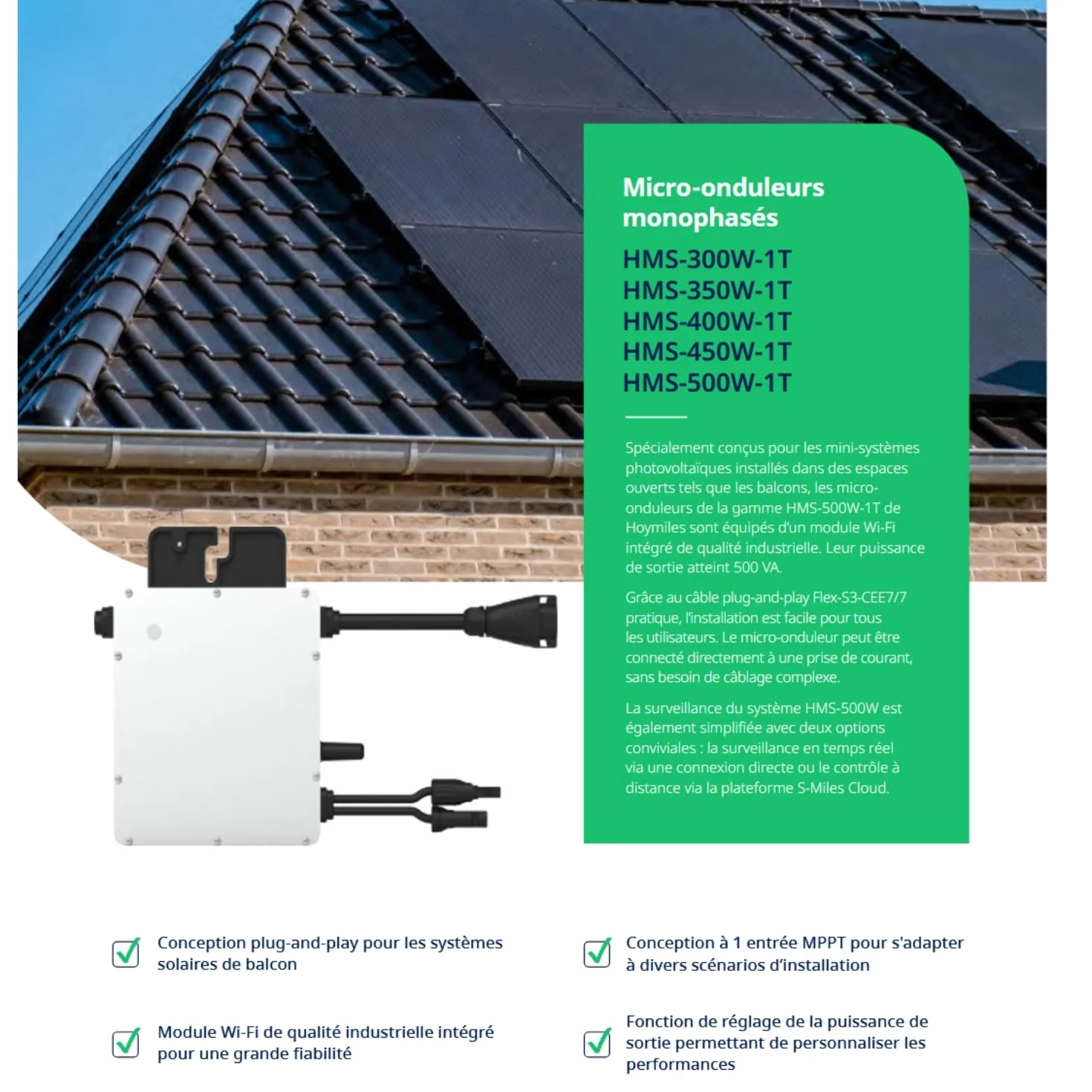 Hoymiles HMS-500W-1T Micro-onduleur 500W – MPPT – WiFi & Bluetooth – Étanche IP67 – pour 1 Panneau Solaire Jusqu’à 670 WC