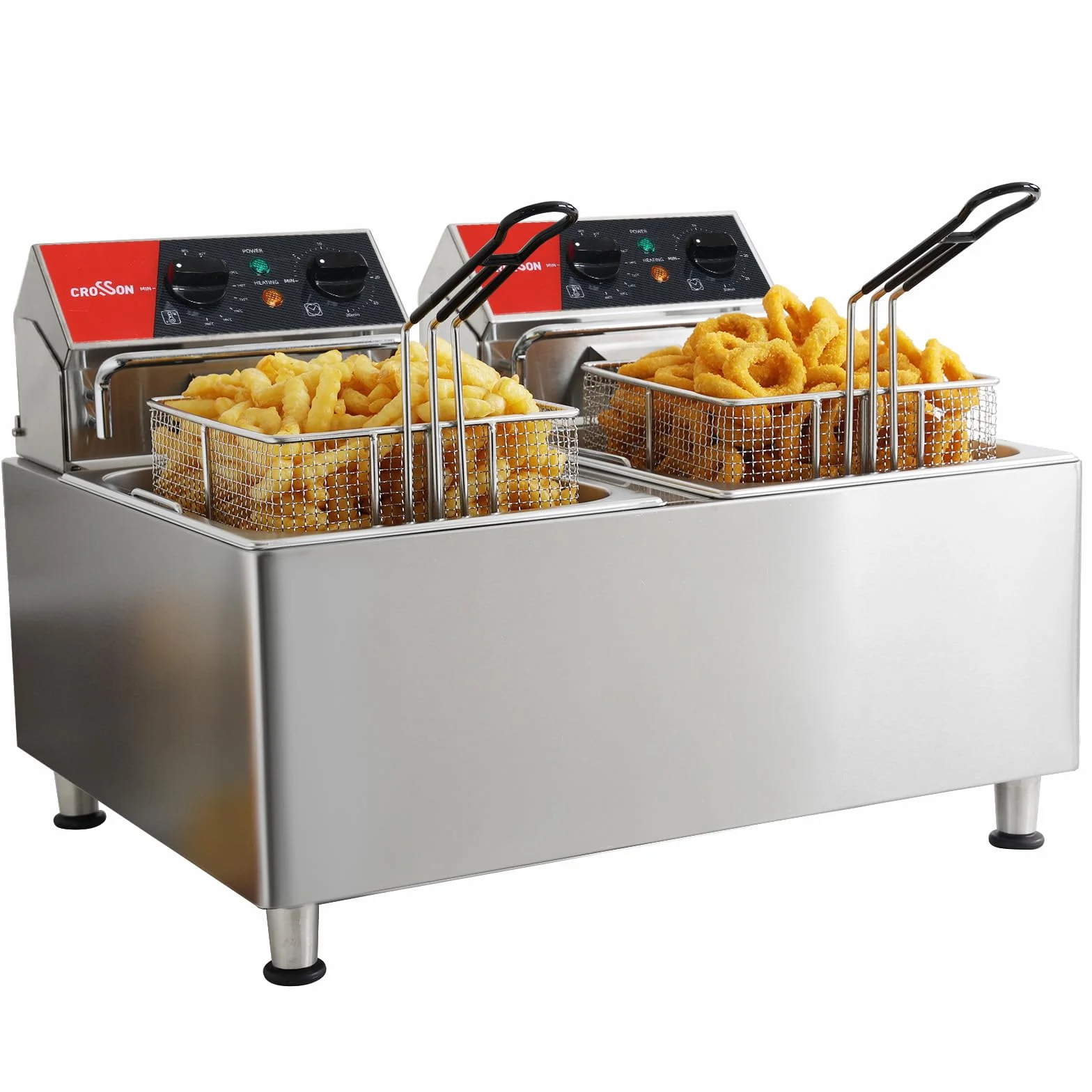 crosson Friteuse électrique CROSSON 16 L à double réservoir avec tête de friteuse rotative, minuterie de 30 minutes, thermostat EGO, friteuse de comptoir pour usage commercial
