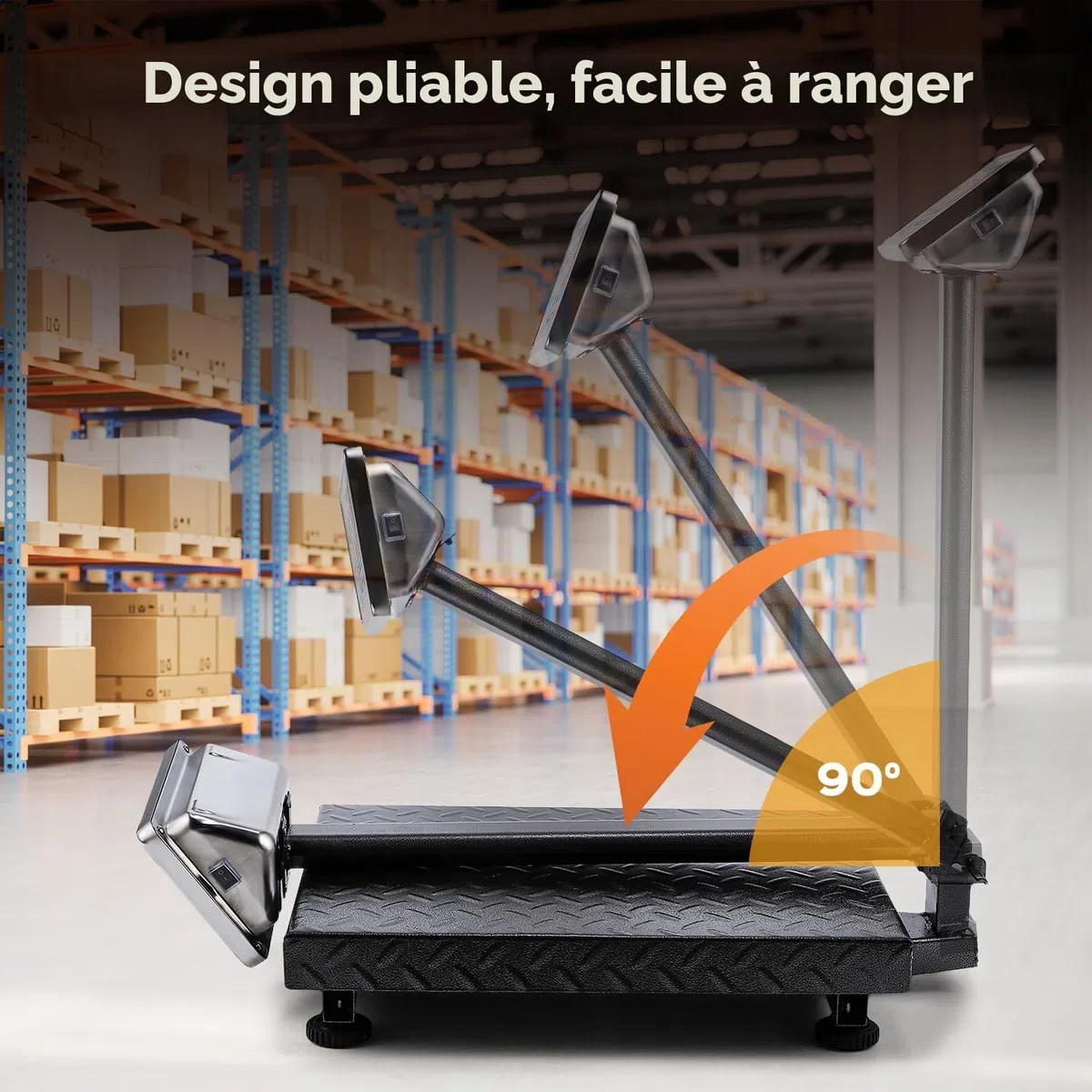 Bonvoisin Balance Plateforme Industrielle 300kg/0.1kg - Balance Lourde Numérique pour Colis avec Plateau 45x40cm, Conversion KG/LB, Écran LCD, Roulettes& Pieds Réglables, Alimentation Secteur/Batterie