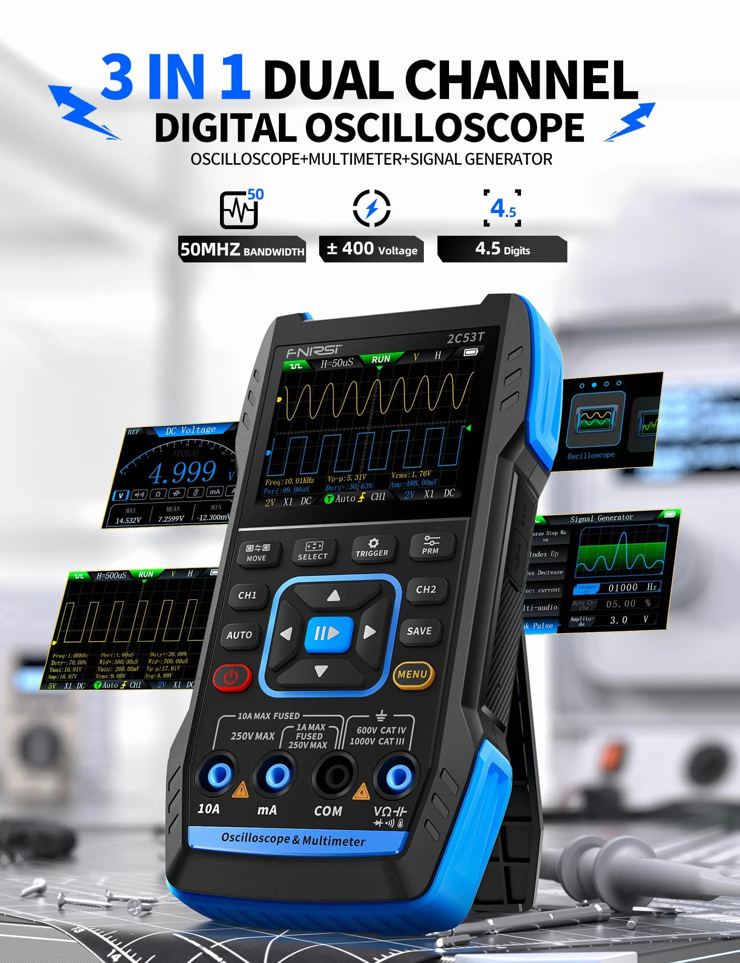 FNIRSI 2C53T Oscilloscope Portable, Oscilloscope Numérique/Multimètre/Générateur DDS 3en1, Fréq. d'échantillonnage 250 Méch./s, 50 MHz, 19999 Points, Test de Tension Courant Condensateur Résistance