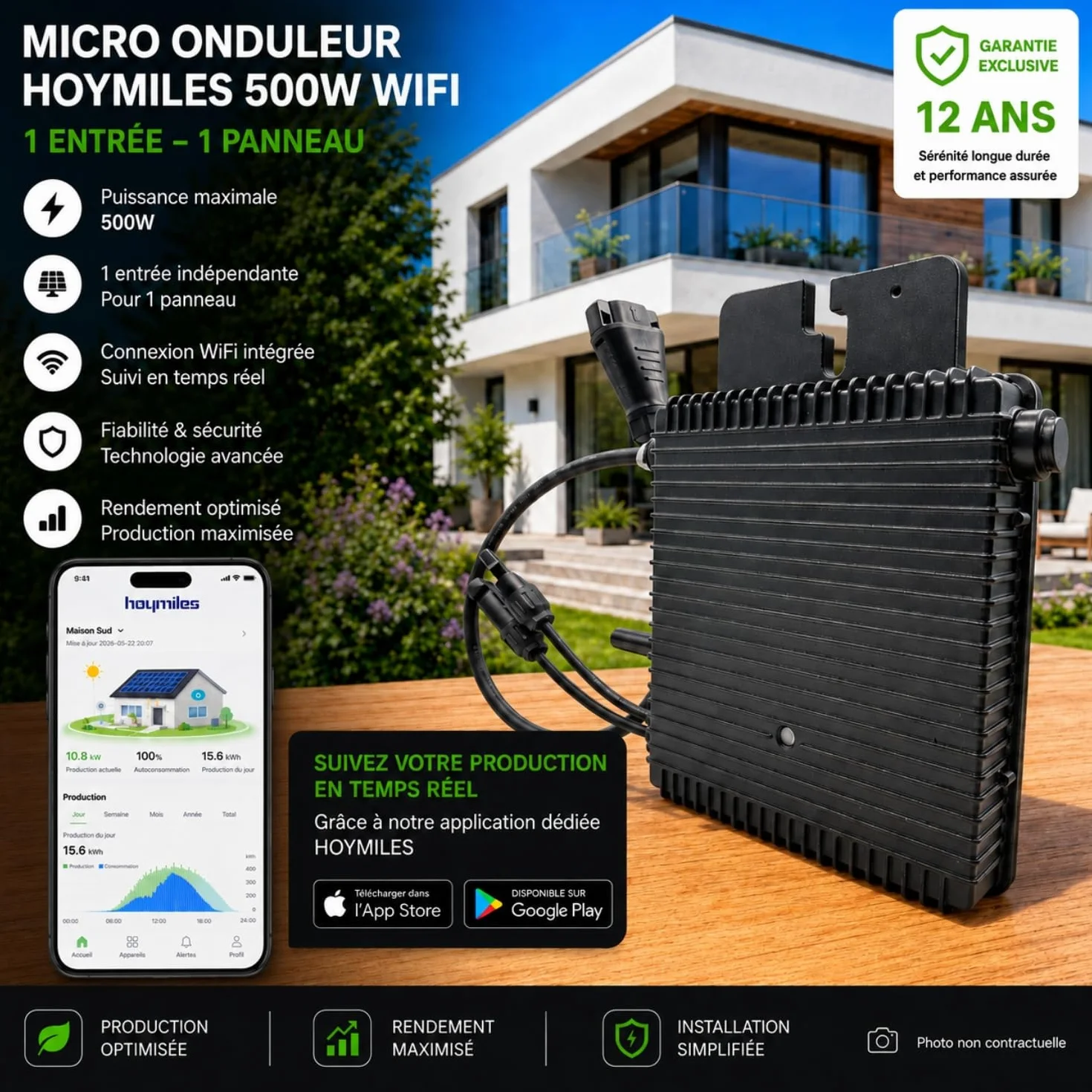 Hoymiles HMS-500W-1T Micro-onduleur 500W – MPPT – WiFi & Bluetooth – Étanche IP67 – pour 1 Panneau Solaire Jusqu’à 670 WC