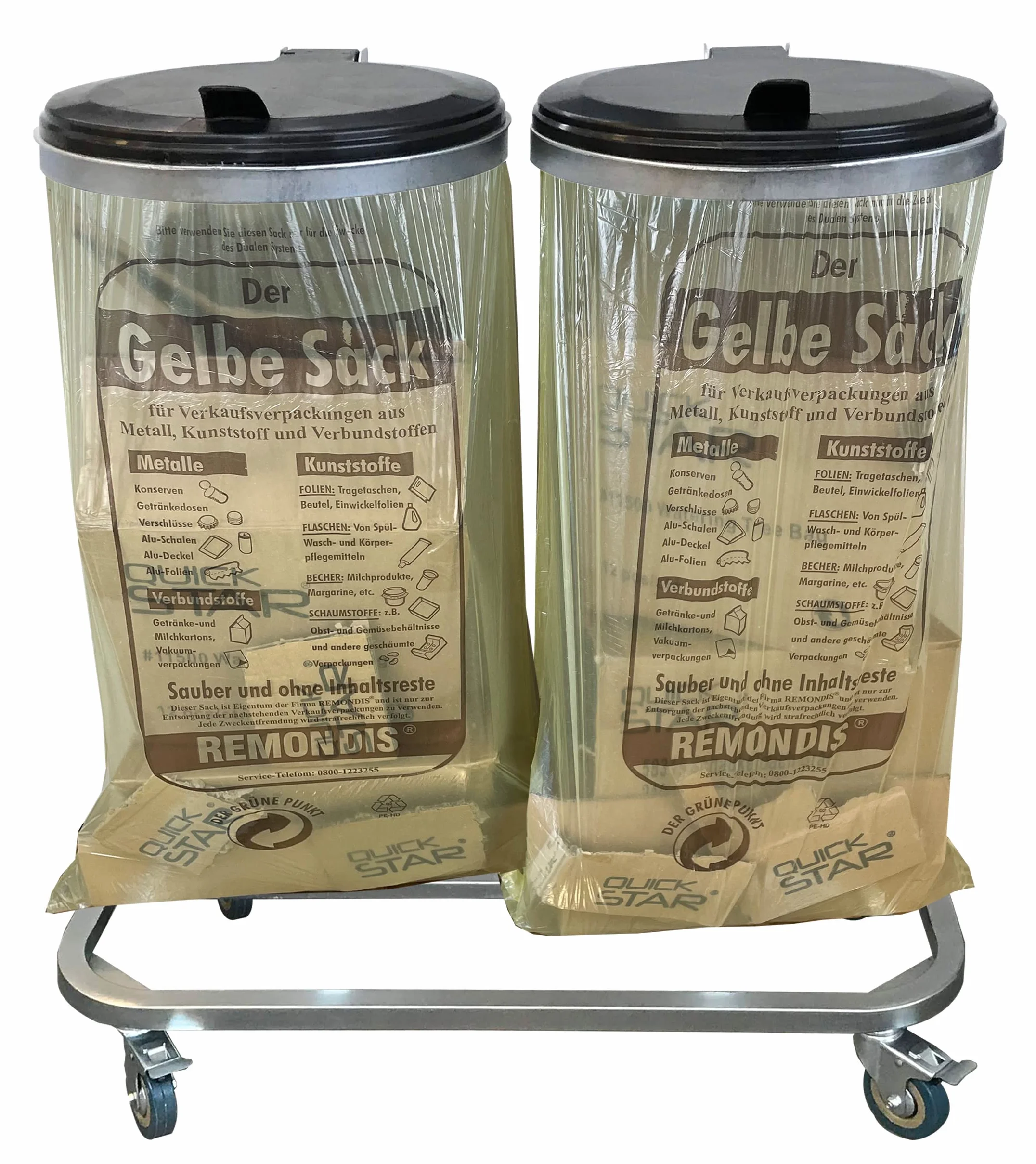 QUICK STAR Support à Double Sac Poubelle avec Couvercle et 4 Roulettes | Porte-sac Poubelle en Métal 120 litres | Robuste en Acier Galvanisé | Sac Jaune 120L | Conteneur à Déchets Mobile