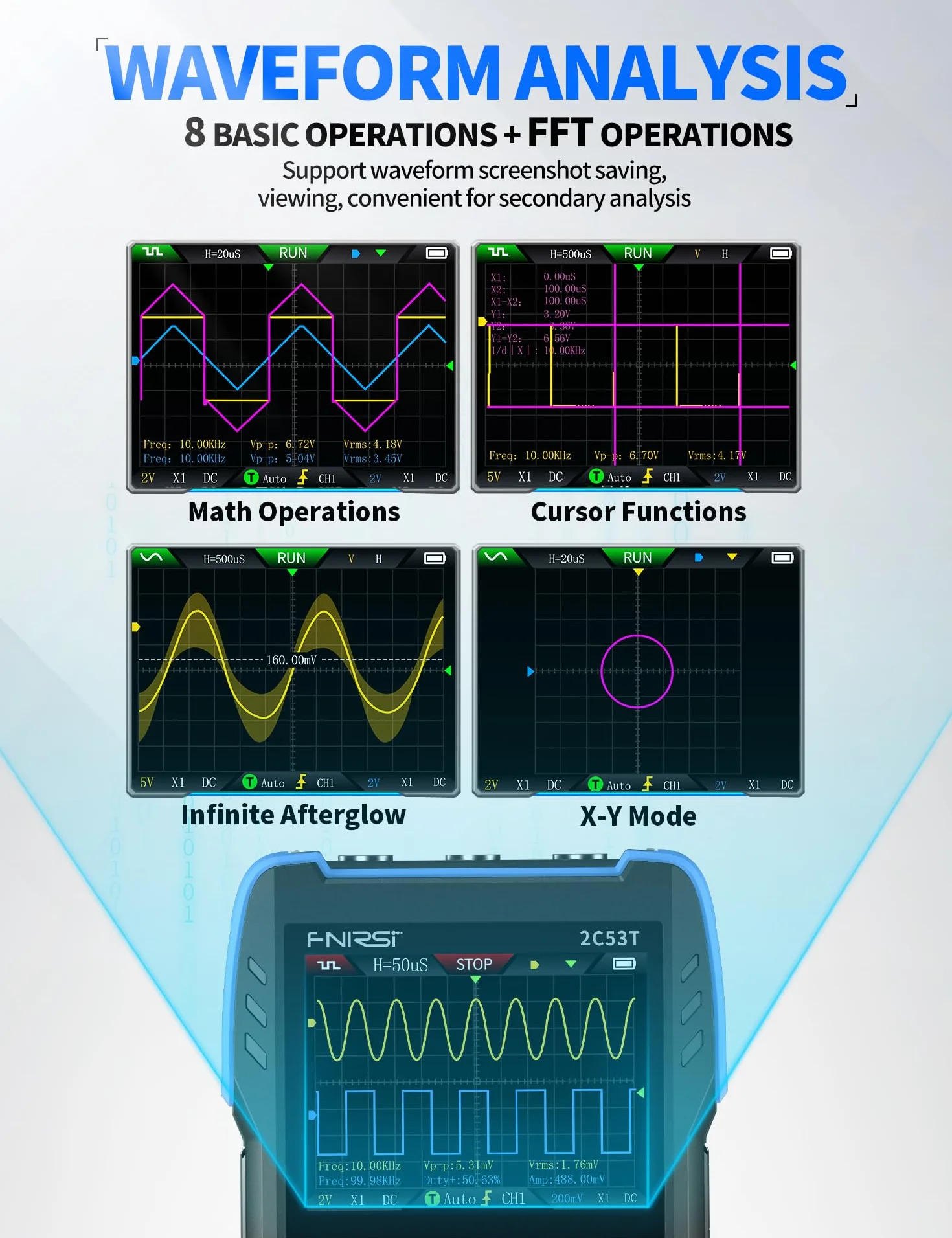 FNIRSI 2C53T Oscilloscope Portable, Oscilloscope Numérique/Multimètre/Générateur DDS 3en1, Fréq. d'échantillonnage 250 Méch./s, 50 MHz, 19999 Points, Test de Tension Courant Condensateur Résistance