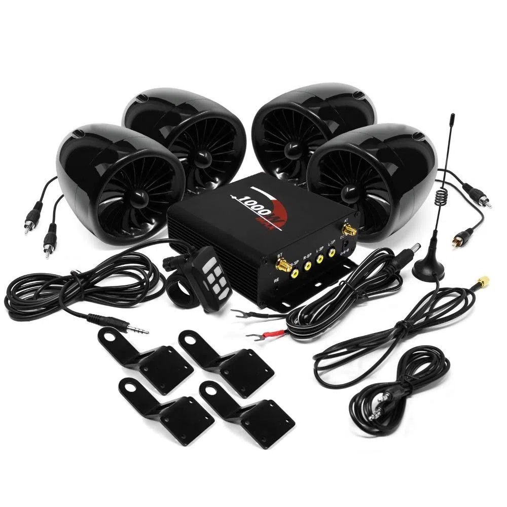 1000W Moto Amplificateur 4 Haut-parleurs Étanches Bluetooth Stéréo Audio Système AUX MP3 USB SD FM Radio pour Harley Touring Cruiser ATV UTV Scooter (Noir)