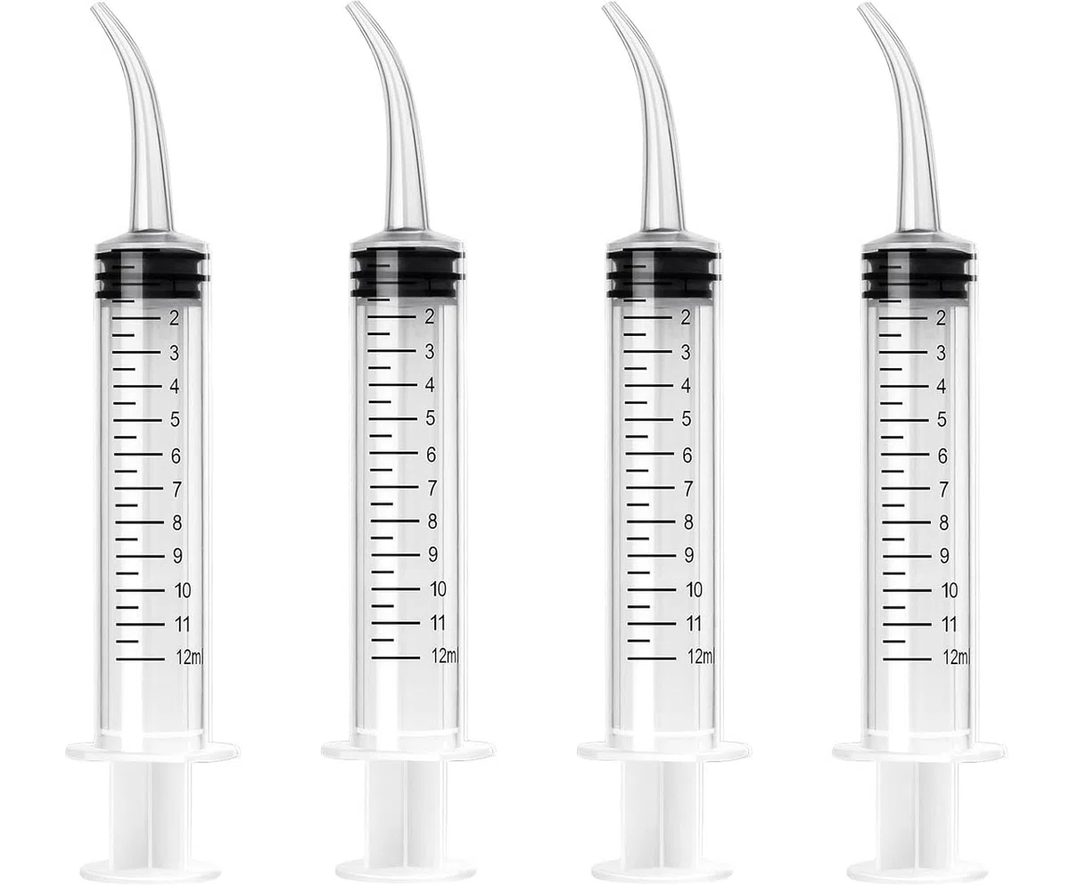 Lot de 4 seringues dentaires de 12 ml seringue dentaire en plastique transparent avec pointe incurvée et verre doseur pour soins bucco-dentaires et nettoyage