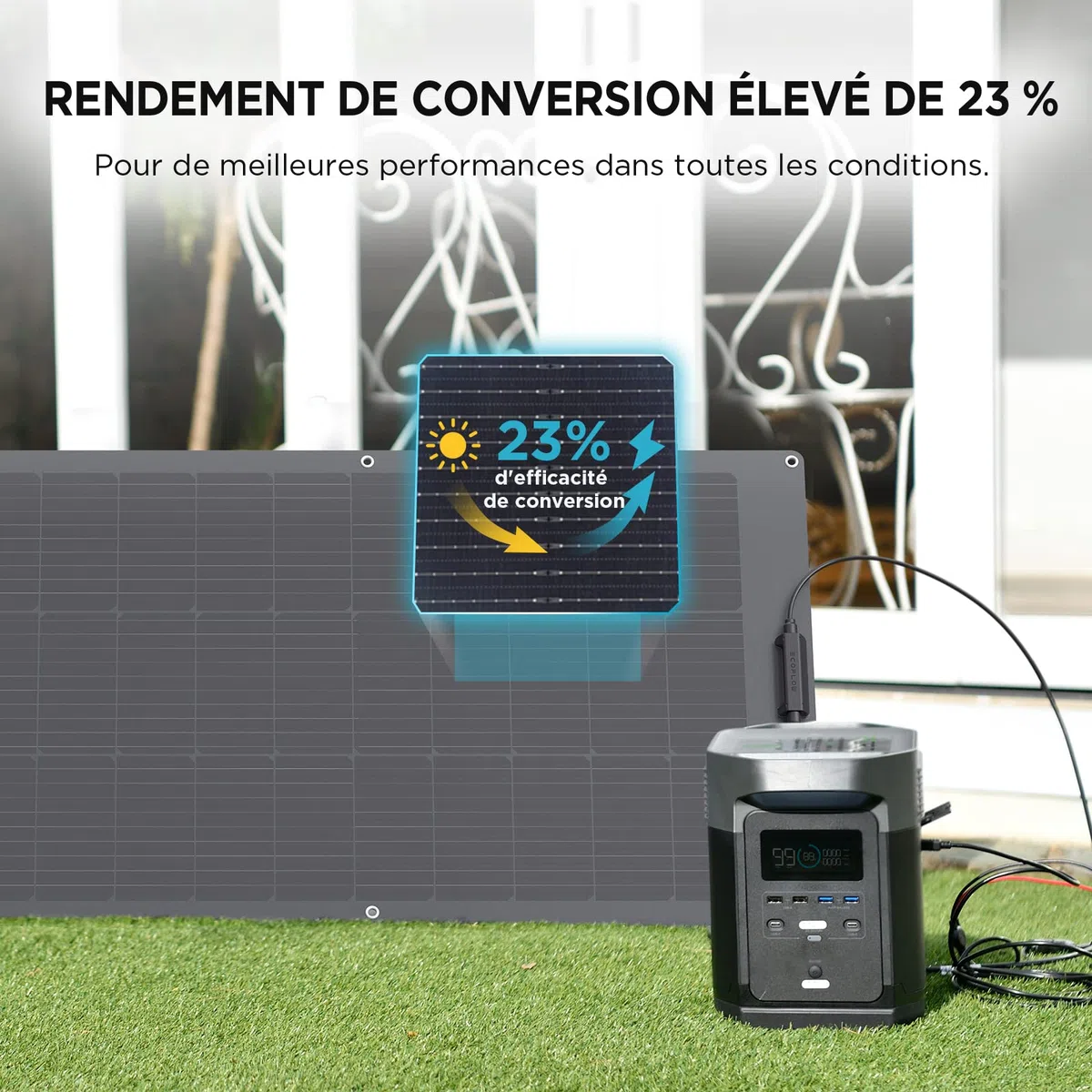 Panneau solaire flexible EcoFlow 100 W avec modules solaires haute efficacité et de niveau d'étanchéité IP68, prévu pour les toits, les camping-cars, balcons,etc