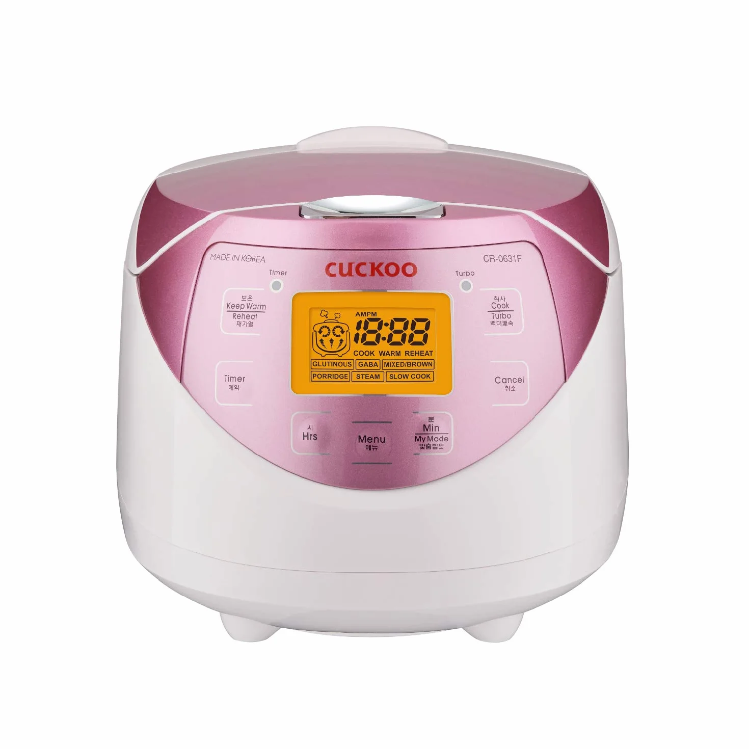 CUCKOO CR-0631F Micom Cuiseur à riz 6 tasses (non cuit)/12 tasses (cuit) avec pot intérieur antiadhésif, 7 modes de menu, écran LCD, technologie Fuzzy Logic, nettoyage automatique (blanc/rose)
