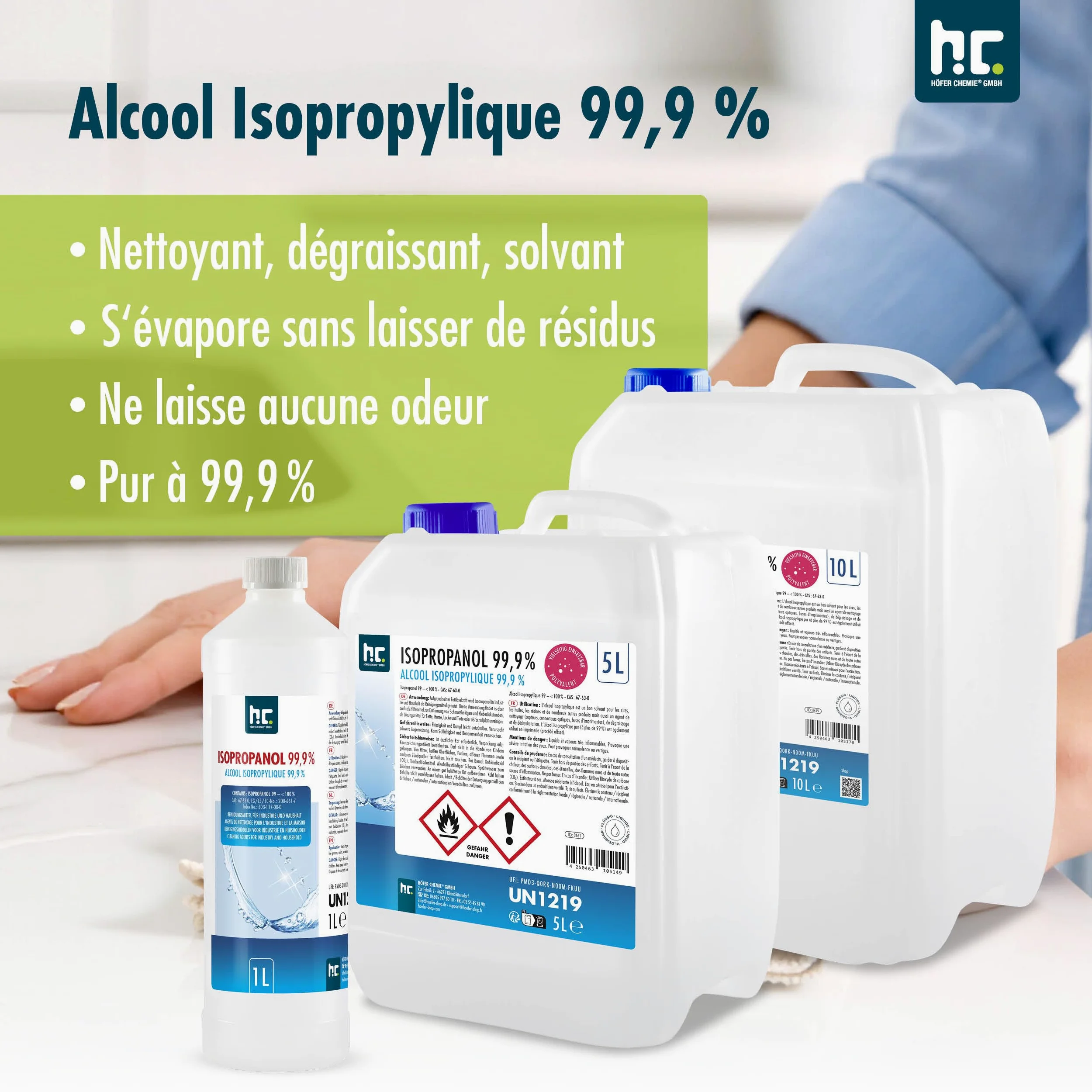 Höfer Chemie Isopropanol 99,9% (IPA) 4 X 5 L - Alcool Ispopropylique pour Nettoyer et Dégraisser - Solvant Puissant - Polyvalent
