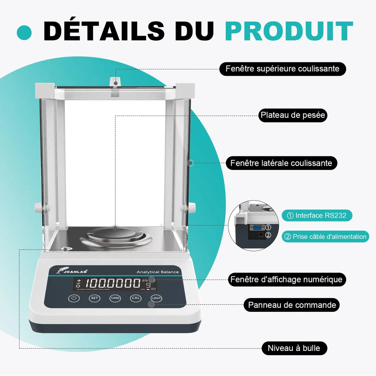 JOANLAB Balance Analytique 120g x 0.1mg, Balance de Laboratoire Professionnelle avec Calibration Externe, 0.0001g de Précision pour Laboratoire, Bijouterie