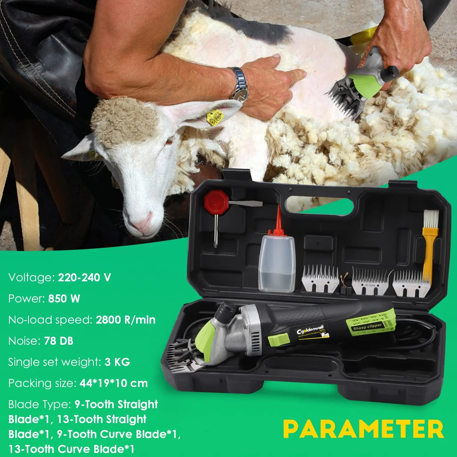 CGOLDENWALL Tondeuse Mouton Électrique 850 W 6 Vitesse Réglable Professionnelle pour Raser Les Moutons Animaux Laines Chèvres 220 V CE Avec Lubrifiant (9 droites+9 courbes+13 droites+13 courbes)