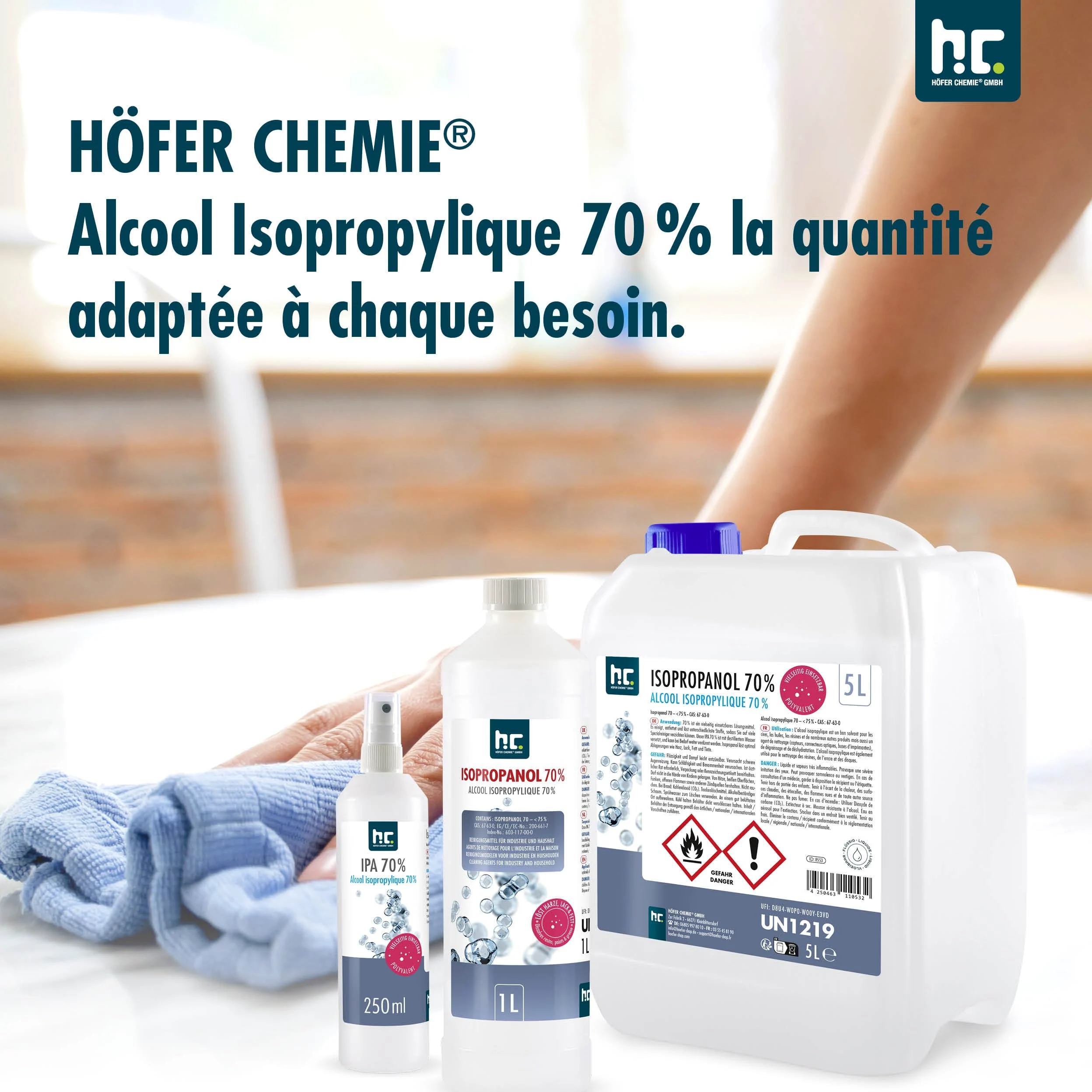 Höfer Chemie Isopropanol 99,9% (IPA) 4 X 5 L - Alcool Ispopropylique pour Nettoyer et Dégraisser - Solvant Puissant - Polyvalent