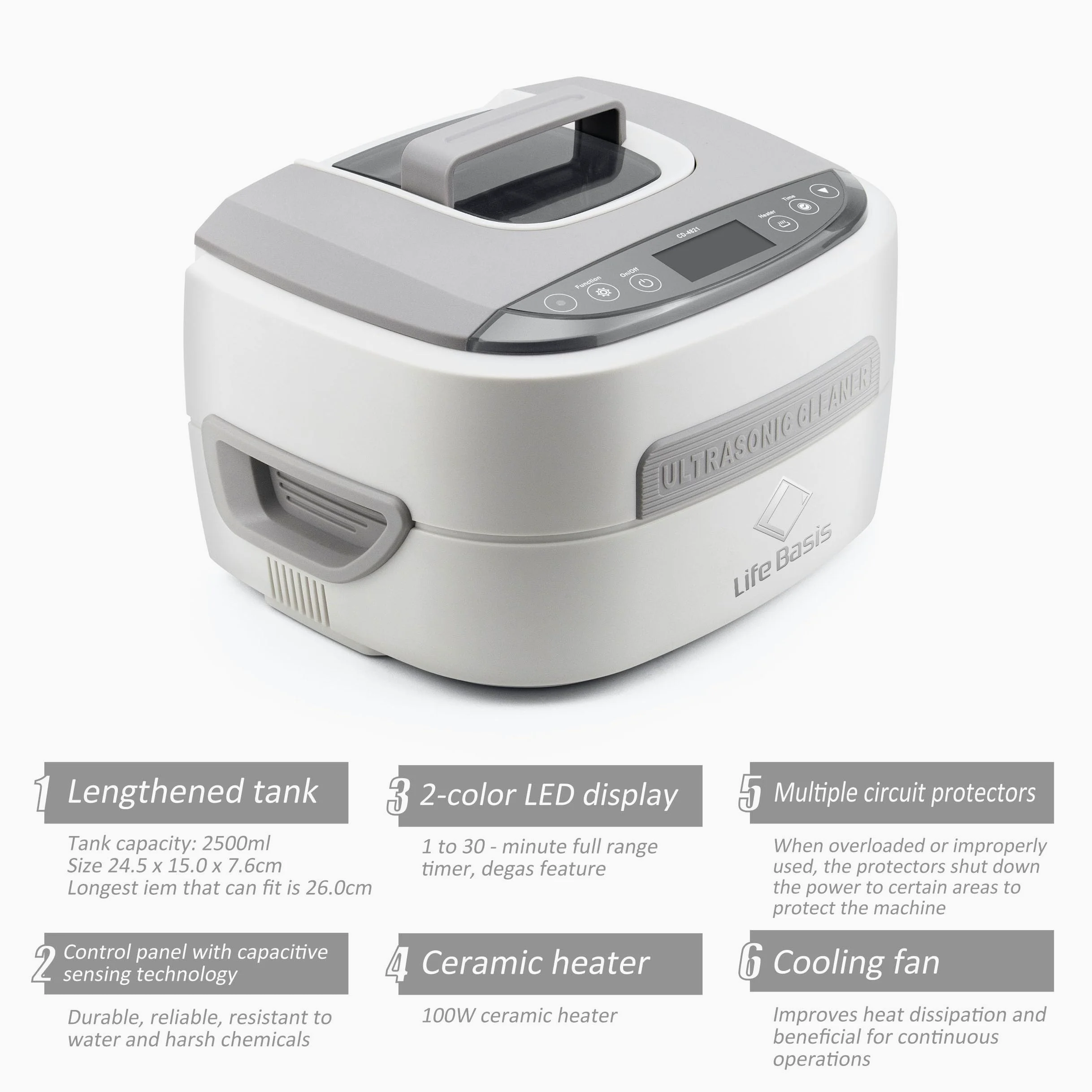LifeBasis Nettoyeur Ultrasons 2.5L, Bac Ultrasons avec 1-30 Minutes Réglable, Degas et Chauffage Fonction pour Nettoyant Lunettes Montres Bijoux et Argent
