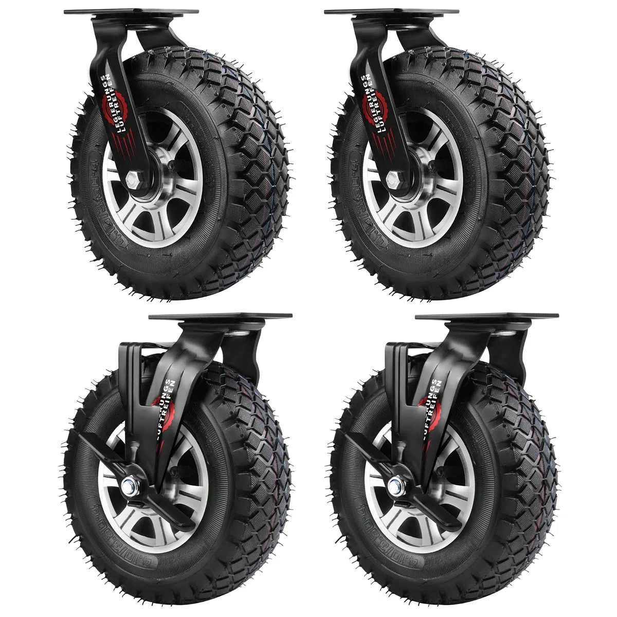 4 pièces de roulettes avec frein Ø 250 x 90 mm, roue pneumatique silencieuse sur roues en alliage d'aluminium avec amortisseur, pour chariot à bras et chariot de transport, capacité de charge 510 kg