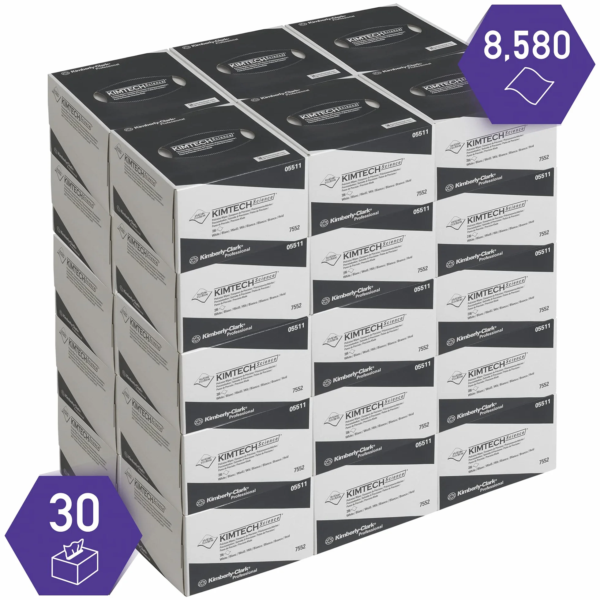 Essuyeurs de précision Kimtech Science 7552 - 30 boîtes distributrices de 286 essuyeurs blancs petit format, 1 épaisseur = 8 580 formats