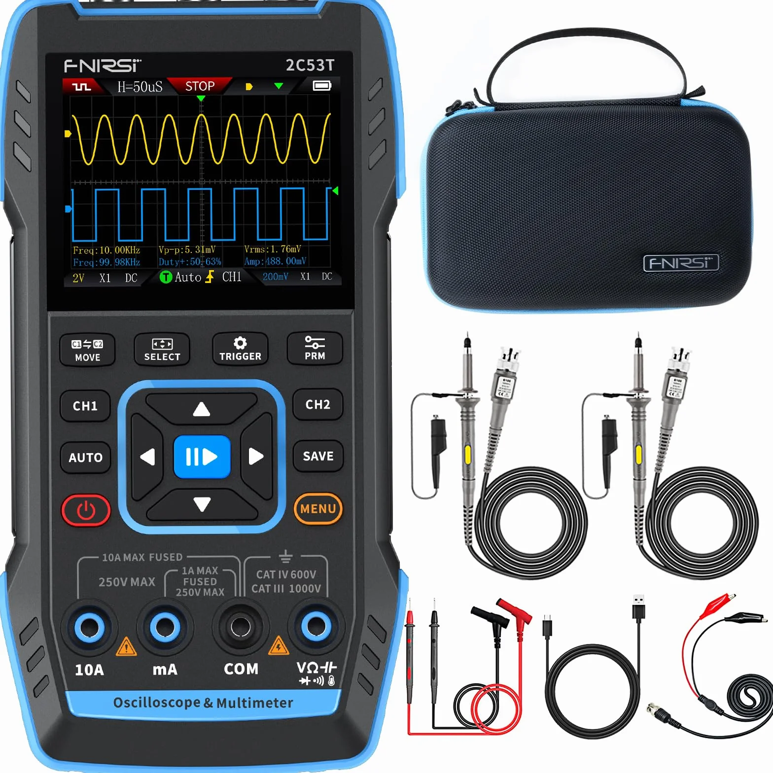 FNIRSI 2C53T Oscilloscope Portable, Oscilloscope Numérique/Multimètre/Générateur DDS 3en1, Fréq. d'échantillonnage 250 Méch./s, 50 MHz, 19999 Points, Test de Tension Courant Condensateur Résistance