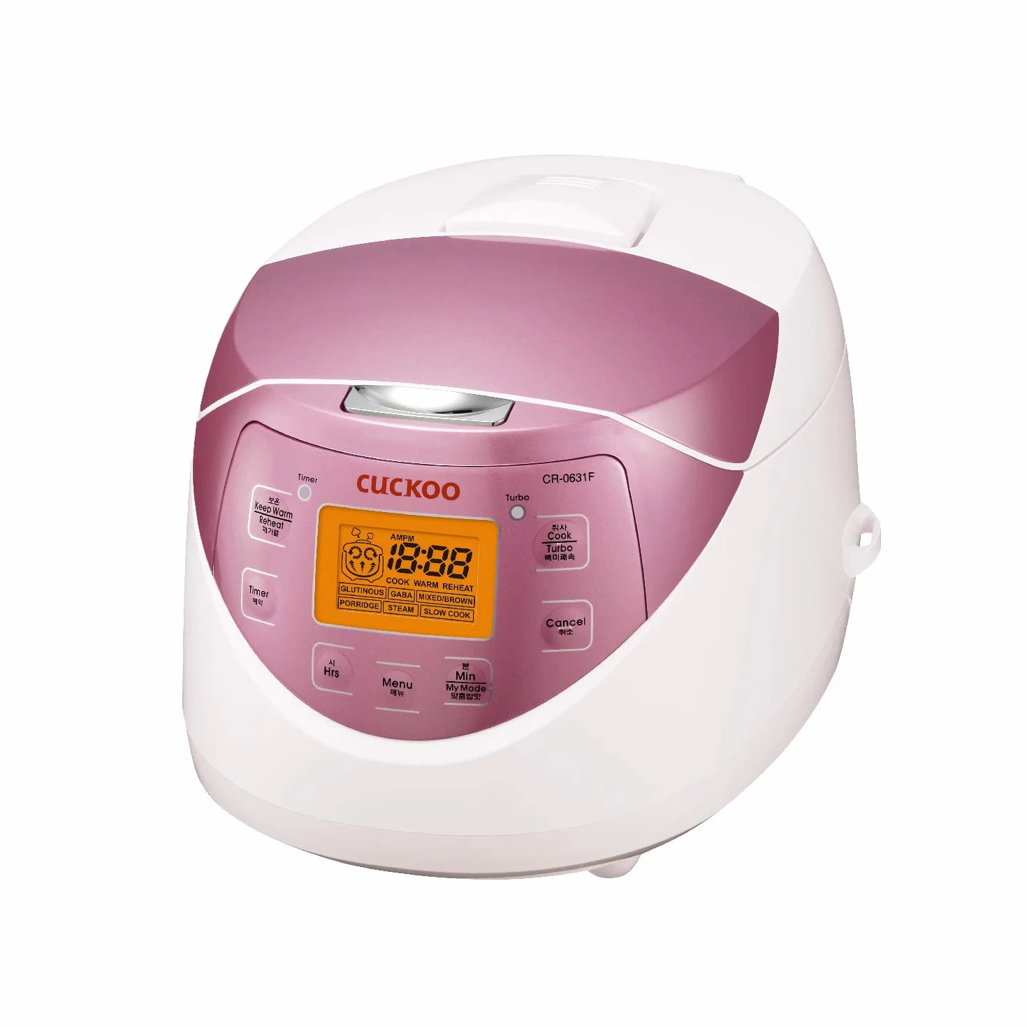 CUCKOO CR-0631F Micom Cuiseur à riz 6 tasses (non cuit)/12 tasses (cuit) avec pot intérieur antiadhésif, 7 modes de menu, écran LCD, technologie Fuzzy Logic, nettoyage automatique (blanc/rose)