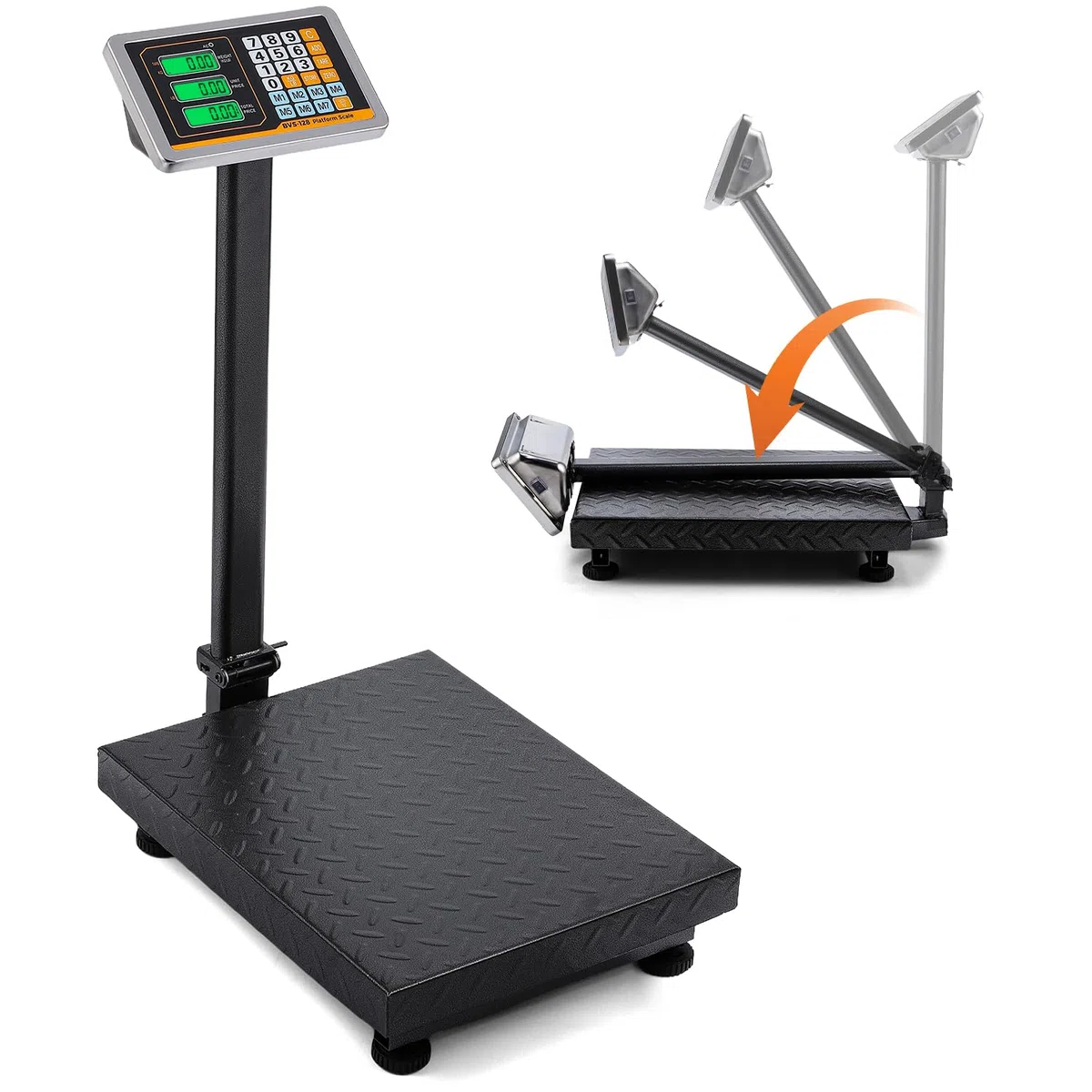 Bonvoisin Balance Plateforme Industrielle 300kg/0.1kg - Balance Lourde Numérique pour Colis avec Plateau 45x40cm, Conversion KG/LB, Écran LCD, Roulettes& Pieds Réglables, Alimentation Secteur/Batterie