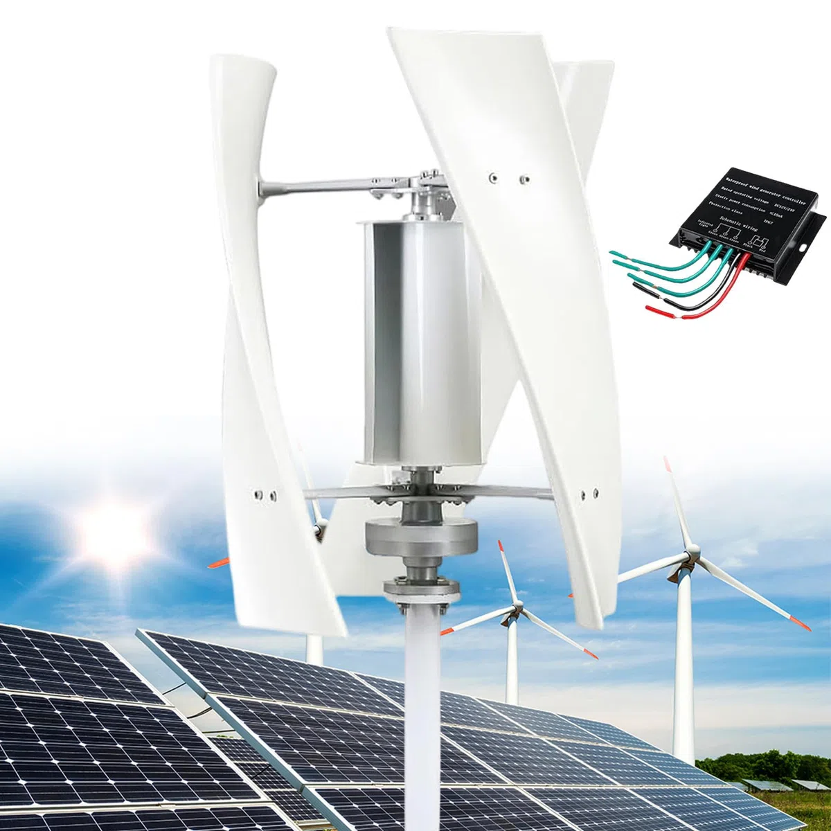 14000W Kit de générateur d'éoliennes Verticales de Jardin, 12V/24V/48V/110V/220V Petite éolienne Verticale AC triphasée avec contrôleur MPPT,pour équipement Industriel D'énergie ,White-12V