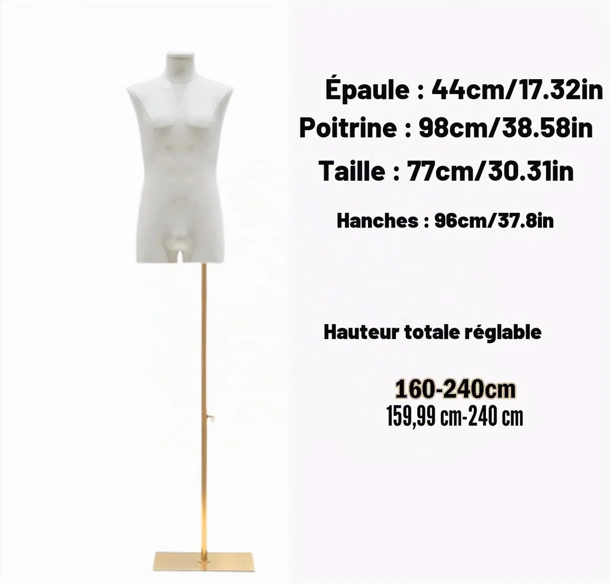 Mannequin Homme, Buste Mannequin Couture de Vitrine Réglable en Hauteur (160-240cm), Manequin Masculin sur Pied pour Vêtement de Présentation Hommes Couture et Design de Mode