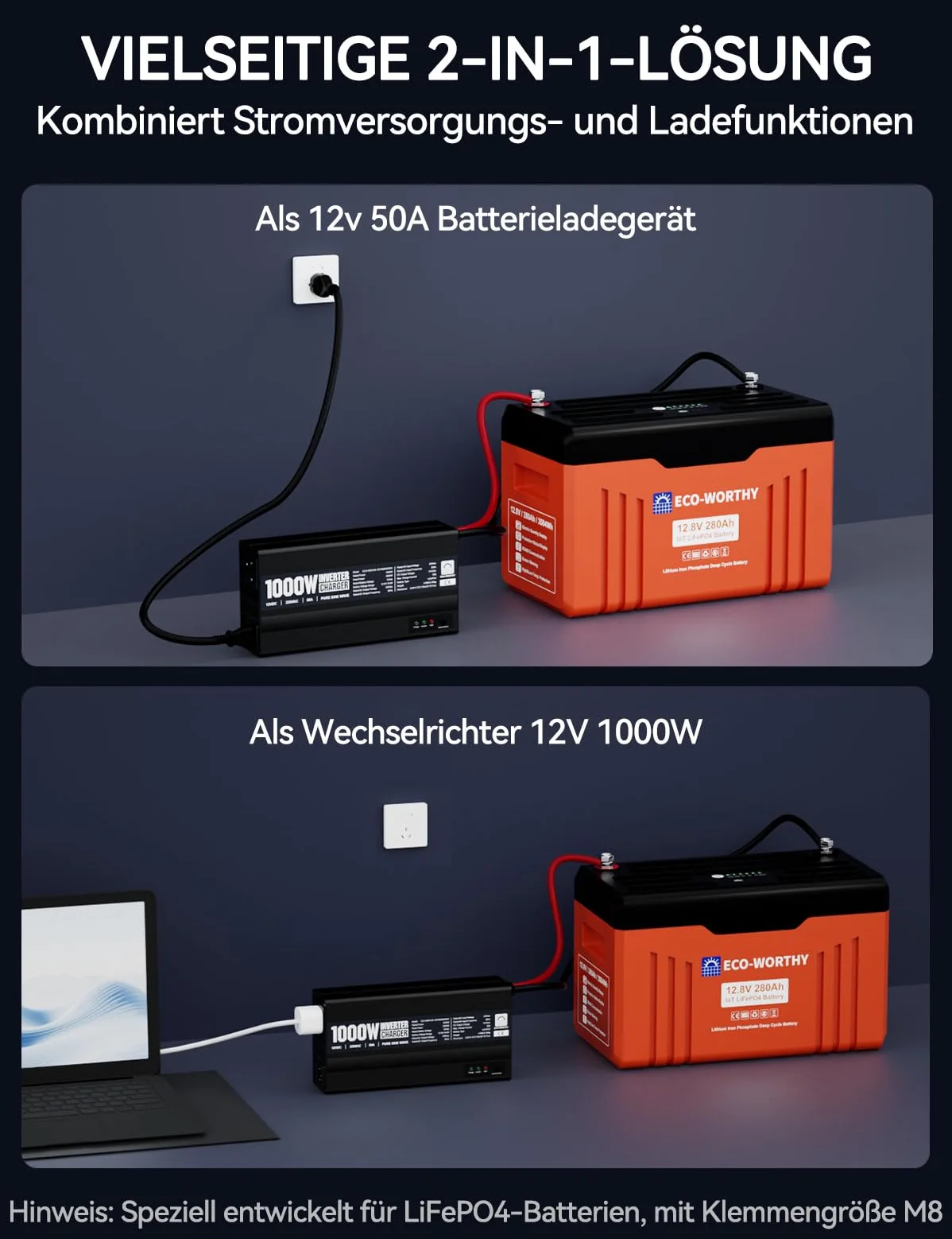 ECO-WORTHY 14,6V 50A Chargeur LiFePO4 avec convertisseur 1000W 12V à 230V, priorité au Secteur et Fonction UPS, pour Batterie LiFePO4 Deep Cycle, véhicule, Camion, Voiture