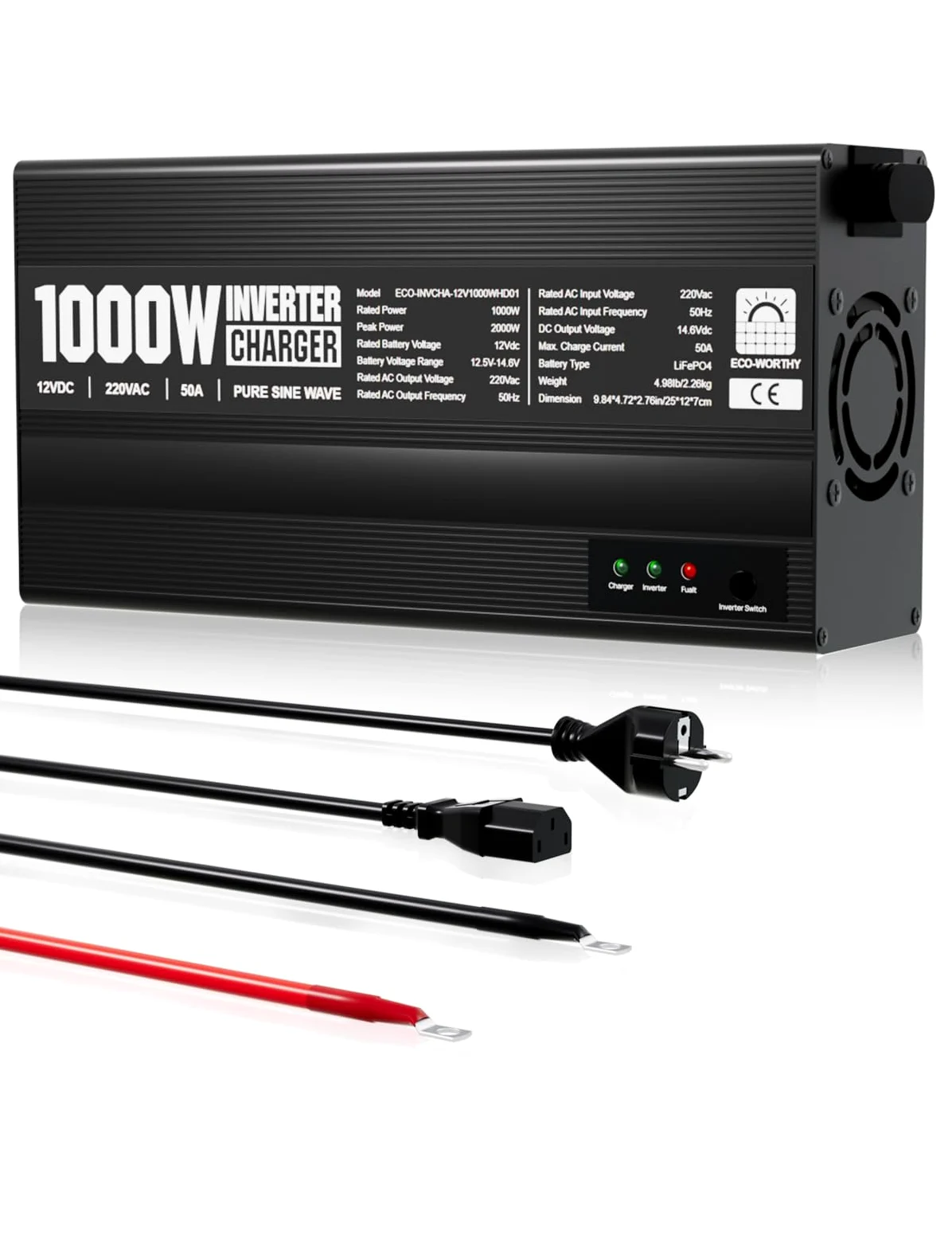 ECO-WORTHY 14,6V 50A Chargeur LiFePO4 avec convertisseur 1000W 12V à 230V, priorité au Secteur et Fonction UPS, pour Batterie LiFePO4 Deep Cycle, véhicule, Camion, Voiture