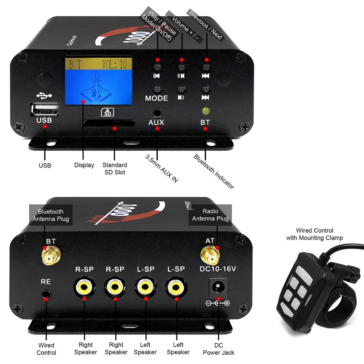 1000W Moto Amplificateur 4 Haut-parleurs Étanches Bluetooth Stéréo Audio Système AUX MP3 USB SD FM Radio pour Harley Touring Cruiser ATV UTV Scooter (Noir)