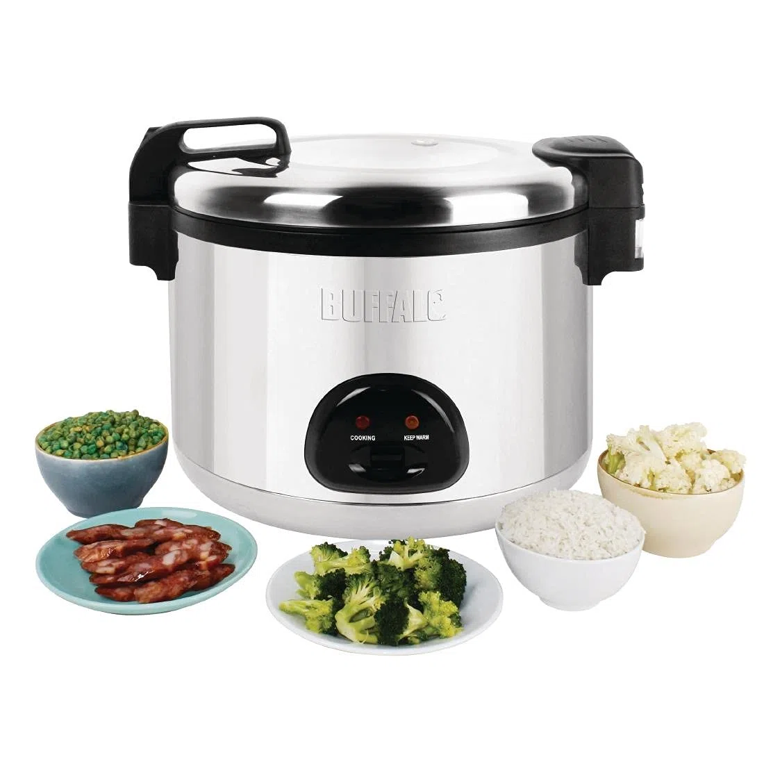 Buffalo Grand cuiseur à riz haut de gamme 9 litres 2,85 kW, économie d'énergie, acier inoxydable, capacité de riz : 20 litres cuit/9 litres sec, passage automatique de cuire à chaud, CK698