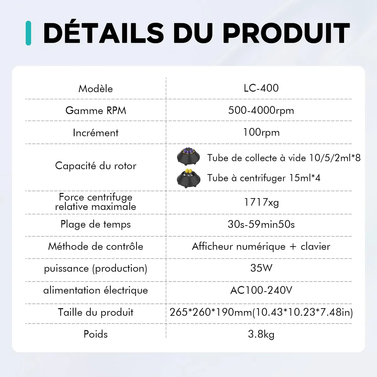 LAB FISH Centrifugeuse PRP LC-400 2ml/5ml/10ml/15ml Tubes De Laboratoire | Contrôle De La Vitesse 500-4000RPM,Max 1717xg | Fonction Minuterie 30sec-59min