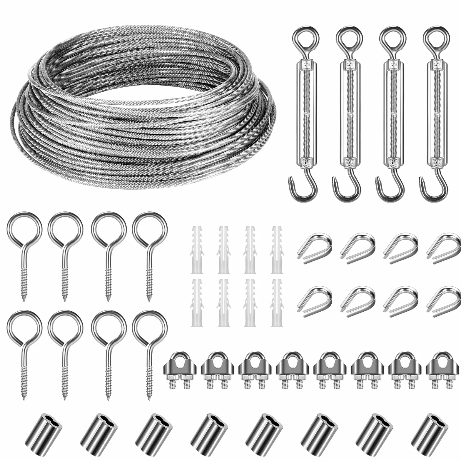 Kit de Suspension 30m en Acier Inoxydable, Câble 3mm Enduit de PVC Avec Tendeur M5 et Crochets, Pour Linge, Lumière, Plante Grimpante, Rambarde