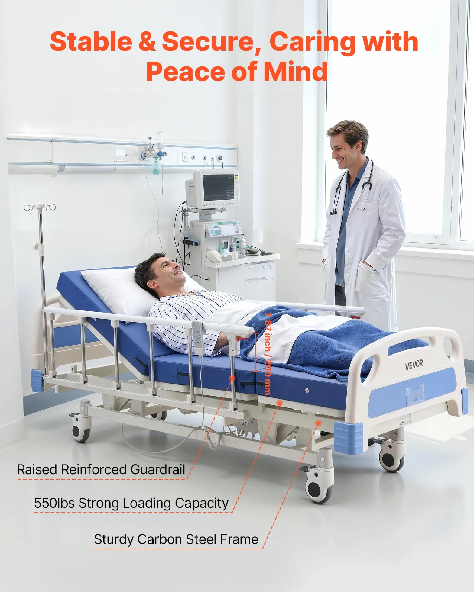 VEVOR Lit Médicalisé Entièrement Électrique 3 Fonctions Lit Hôpital Charge 250 kg pour Soins à Domicile, avec Dossier, Repose-Jambes et Hauteur Réglables, Roues Verrouillables, Matelas Haute Densité