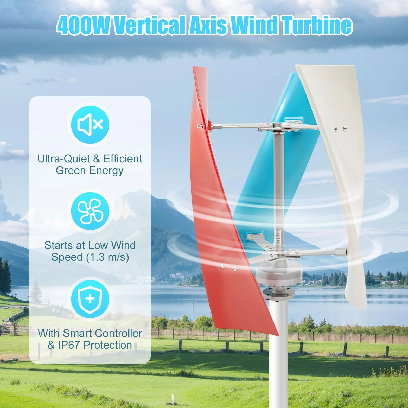 Éolienne 450W 12V/24V Verticale, Générateur Éolien Domestique avec Contrôleur Intégré - Turbine Éolienne Silencieuse pour Jardin, Maison, Autonome