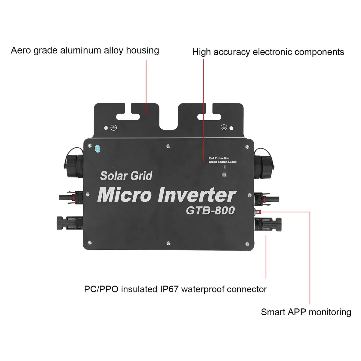 Onduleur de raccordement au réseau, IP65 Micro onduleur étanche 800W MPPT Onduleur Solaire, 120V 230V APP Contrôle WiFi Identification automatique Micro onduleur Solaire Cravate au réseau(Le noir)