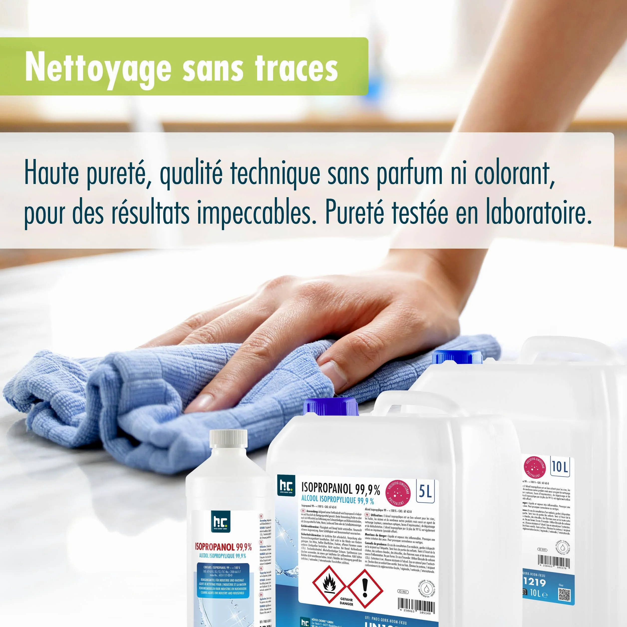 Höfer Chemie Isopropanol 99,9% (IPA) 4 X 5 L - Alcool Ispopropylique pour Nettoyer et Dégraisser - Solvant Puissant - Polyvalent