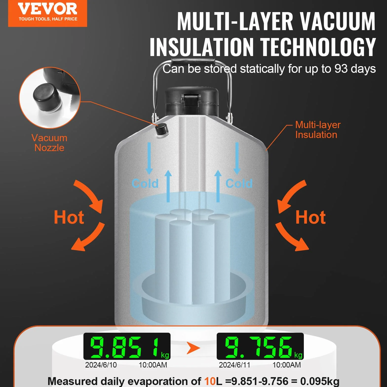 VEVOR Réservoir d'Azote Liquide 10 L, Conteneur d'Azote Liquide en Alu, Dewar de Stockage de LN2, 6 Bidons, avec Sac de Transport et Sangles, Récipient Cryogénique pour l'Industrie de la Beauté