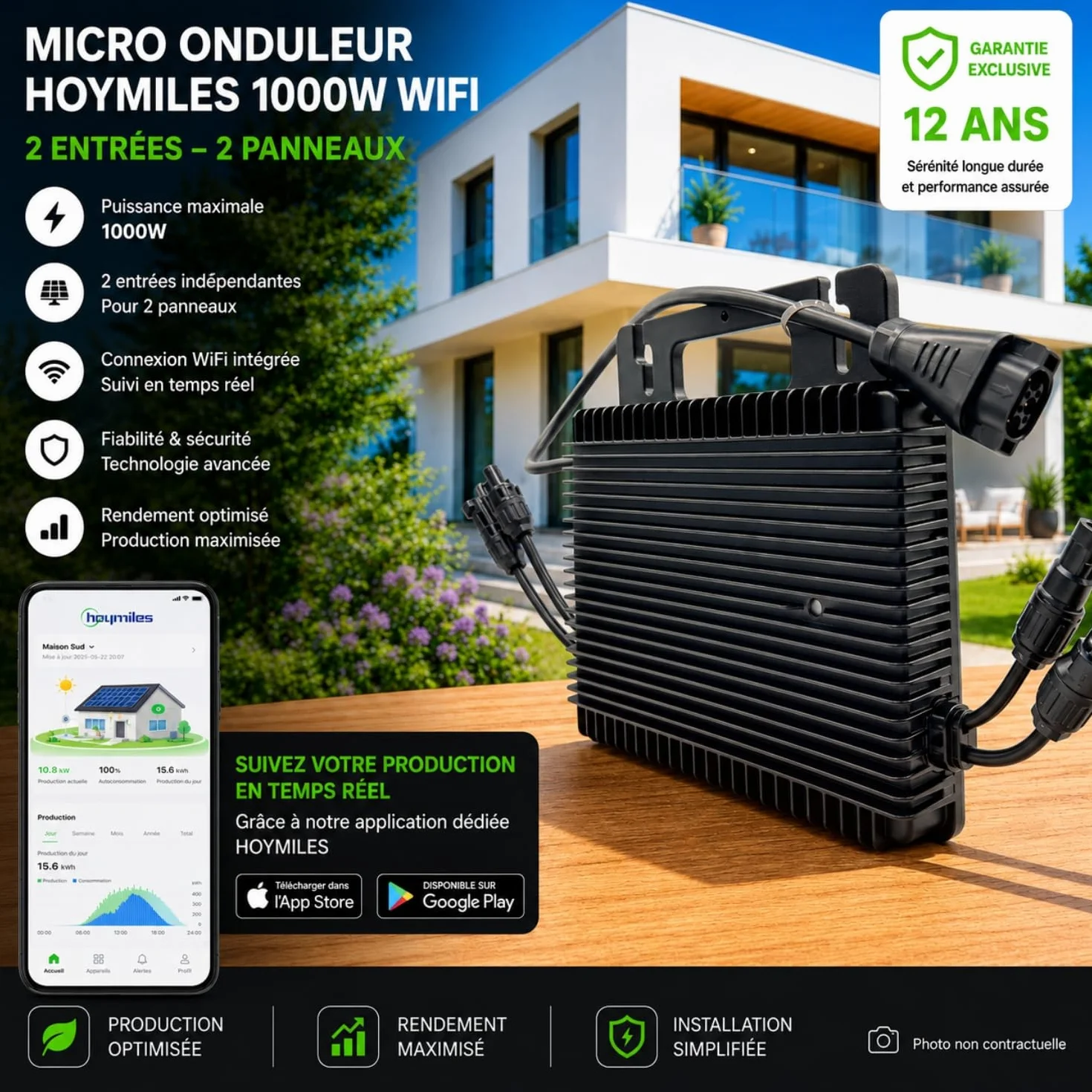 Pack Hoymiles HMS-1000W-2T Micro-onduleur 1000W – WiFi & Bluetooth – pour 2 Panneaux Solaires + Câble AC Plug&Play HMS 5m