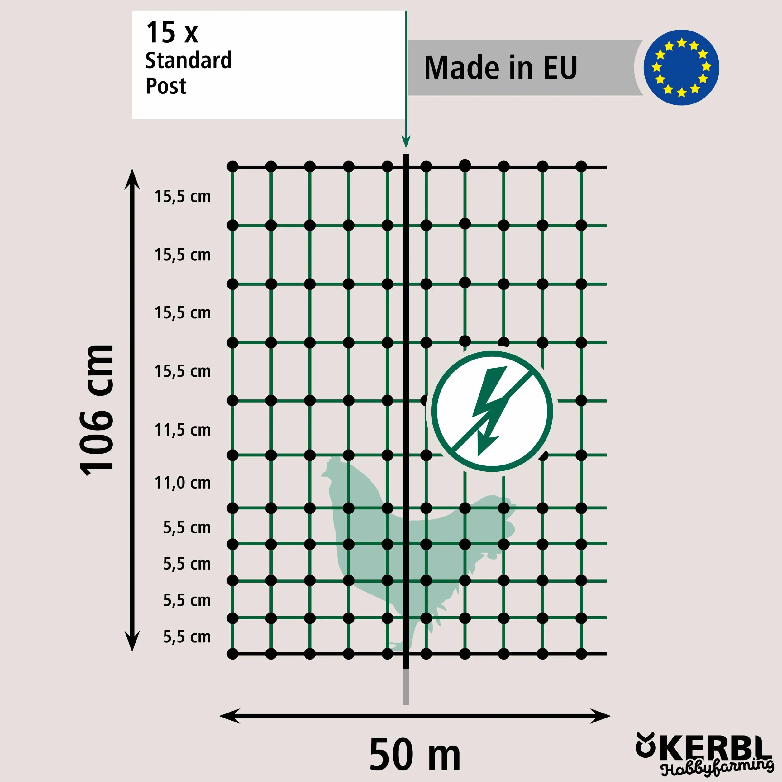 Kerbl Hobbyfarming PoultryNet, 106 cm, 50 m, Filet pour volailles, Filet de clôture, impuissant, Simple Pointe, Vert, 15 piquets, Poules, oies, dindes, Garantie 3 Ans Contre Les UV